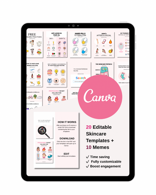 20 EDITABLE SKINCARE TEMPLATES + 10 MEMES