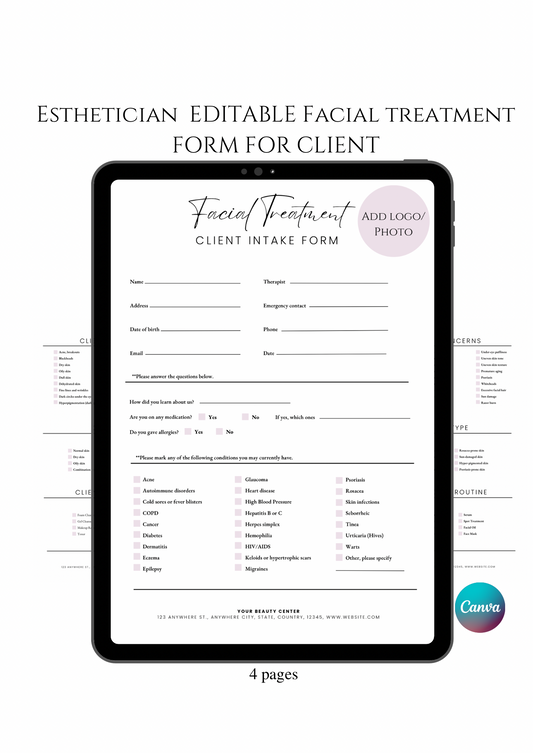 ESTHETICIAN EDITABLE FACIAL TREATMENT FORM FOR CLIENT