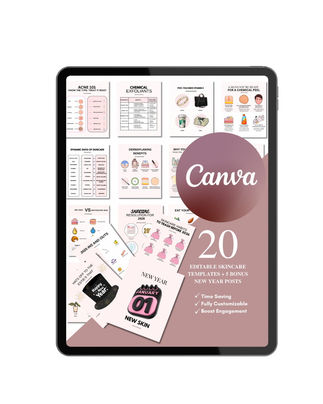 20 EDITABLE SKINCARE TEMPLATES + 5 BONUS NEW YEAR POSTS